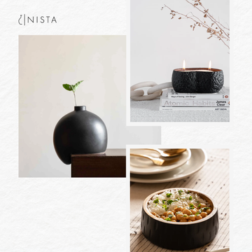 Set 7 - Spillover Vase (Plain Black), Rudra Candle Pot and Mango Wood Serving Bowl