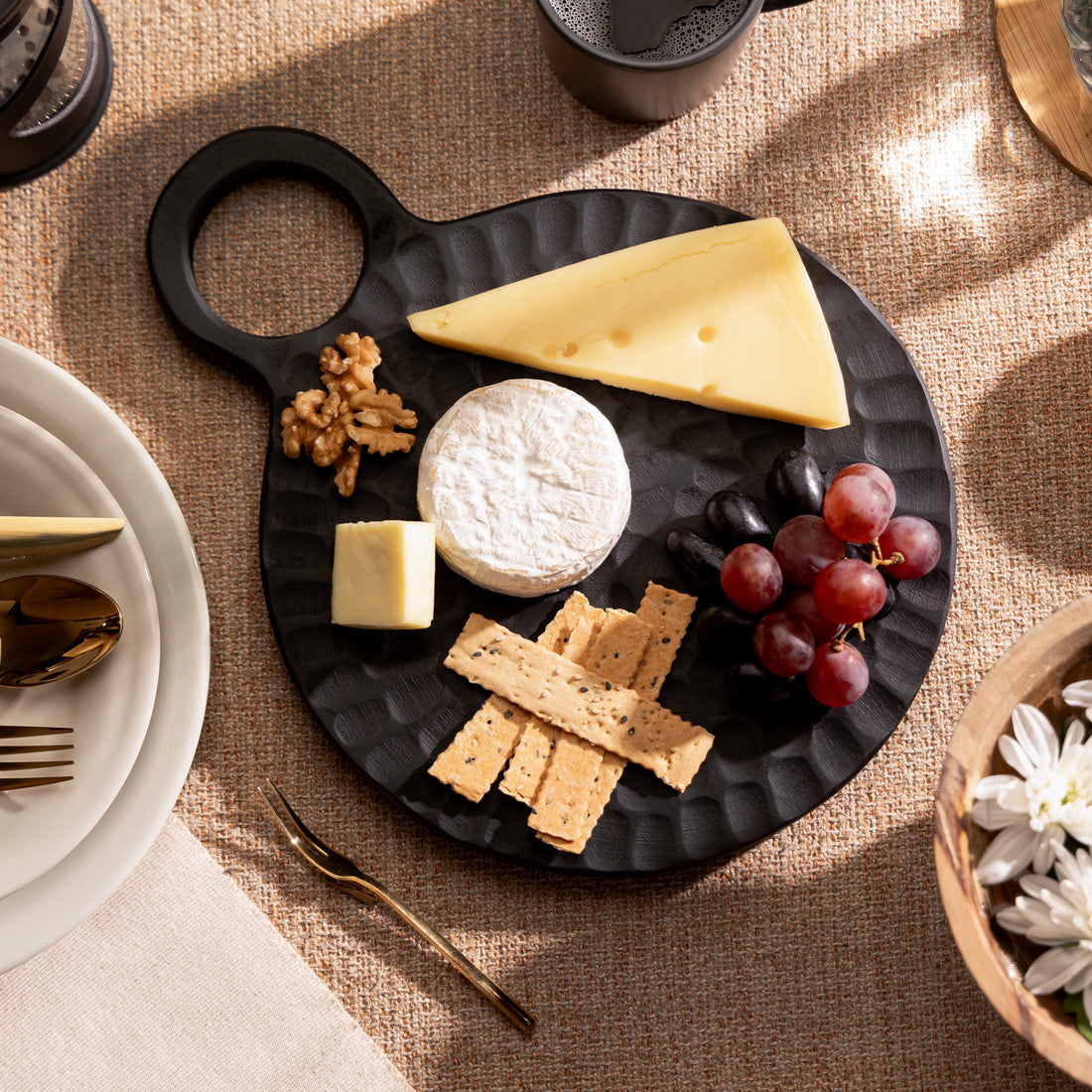 Set 3 - Mango Wood Platter, Caddie Candle Pot Black and Pomegranate Appetizer Picks